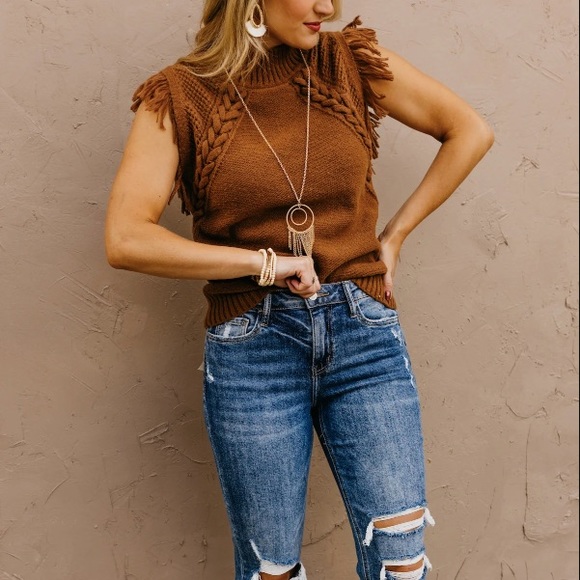 Brown cable knit fringe western braided vest cable short sleeve sweater top - Picture 4 of 4